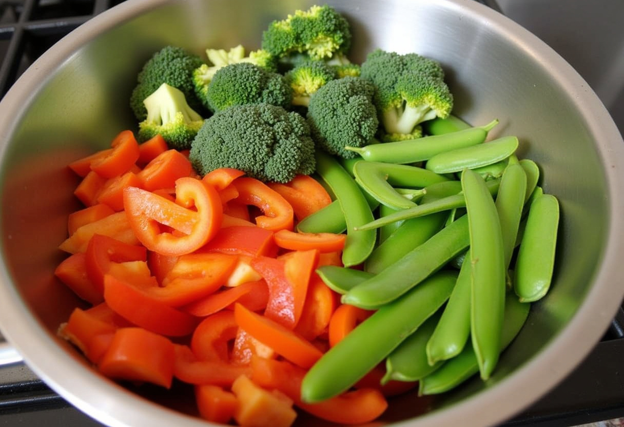 Adding fresh vegetables like broccoli and bell peppers to the chicken in the skillet for Healthy Sesame Chicken.