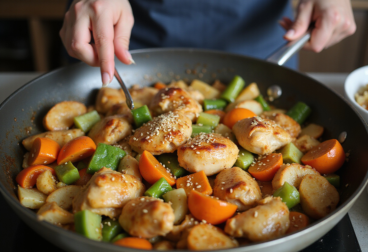 Tossing chicken and vegetables together in the skillet for a flavorful Healthy Sesame Chicken meal.