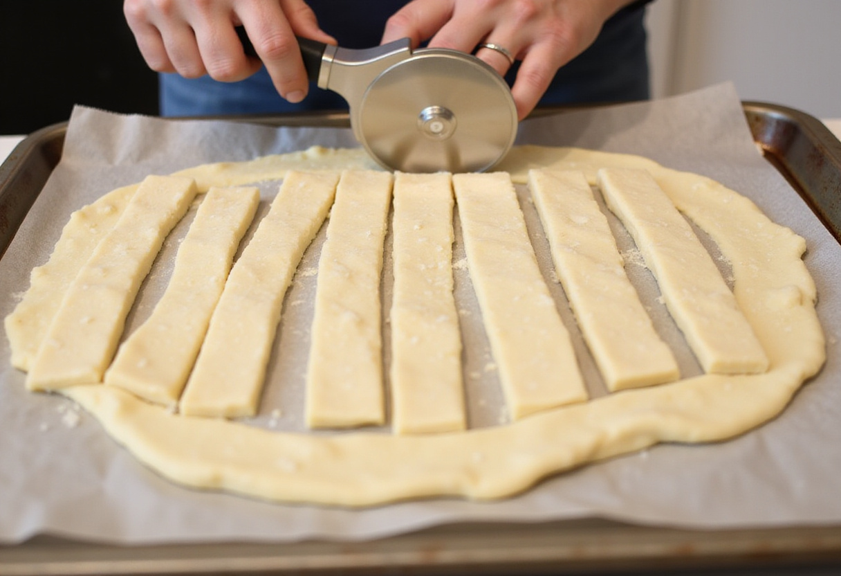 Kneading dough for cheesy breadsticks on a floured surface - an essential technique for achieving that perfect soft texture.