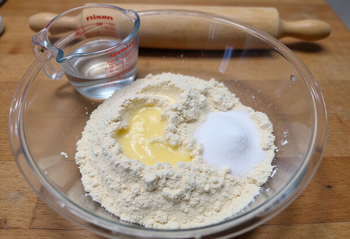 Ingredients for Homemade Easy Cheesy Pizza Pockets including flour, cheese, and tomato sauce on kitchen countertop.