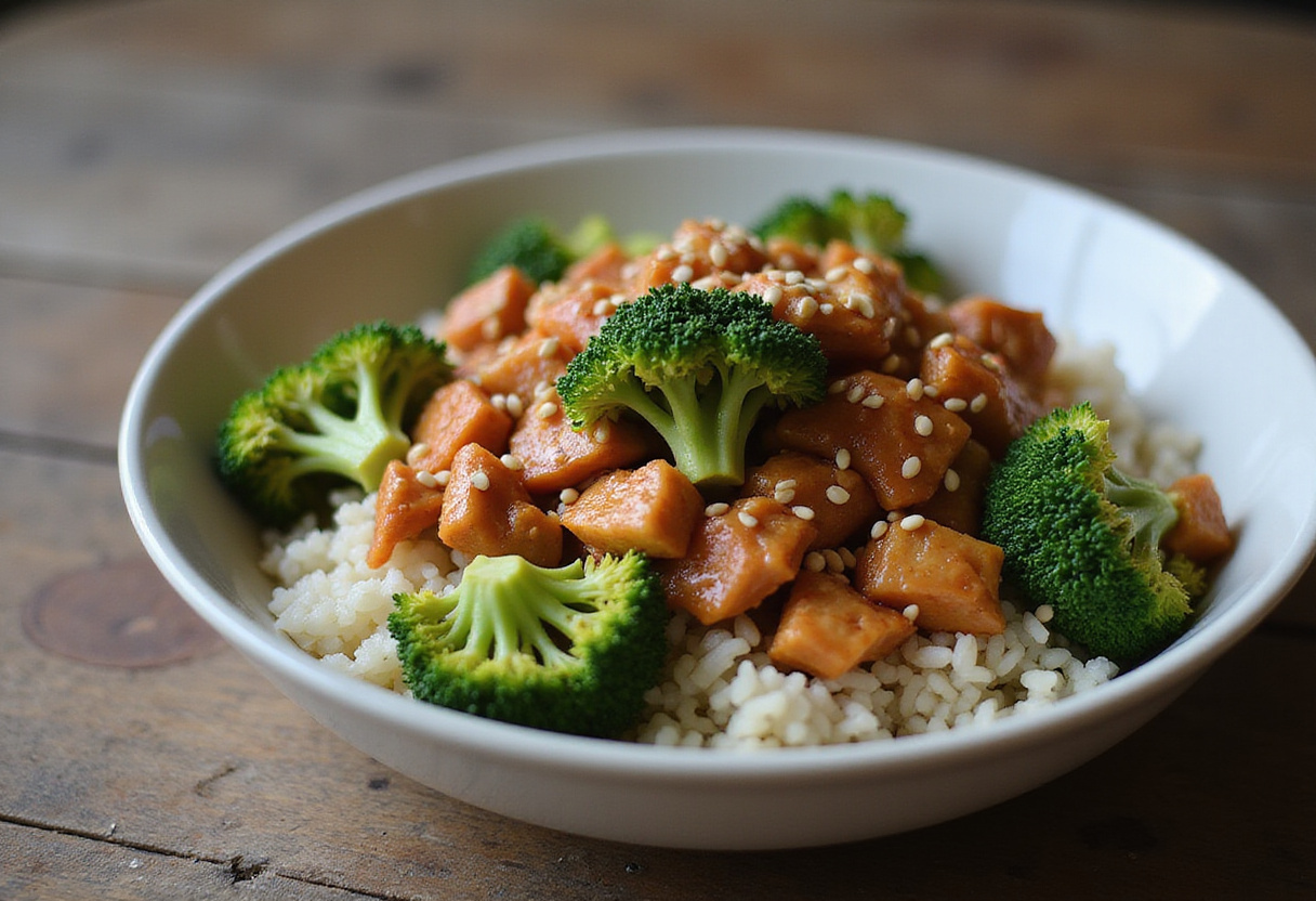 Delicious honey sriracha ground chicken and broccoli served hot, a perfect balance of sweet and spicy for a satisfying meal.