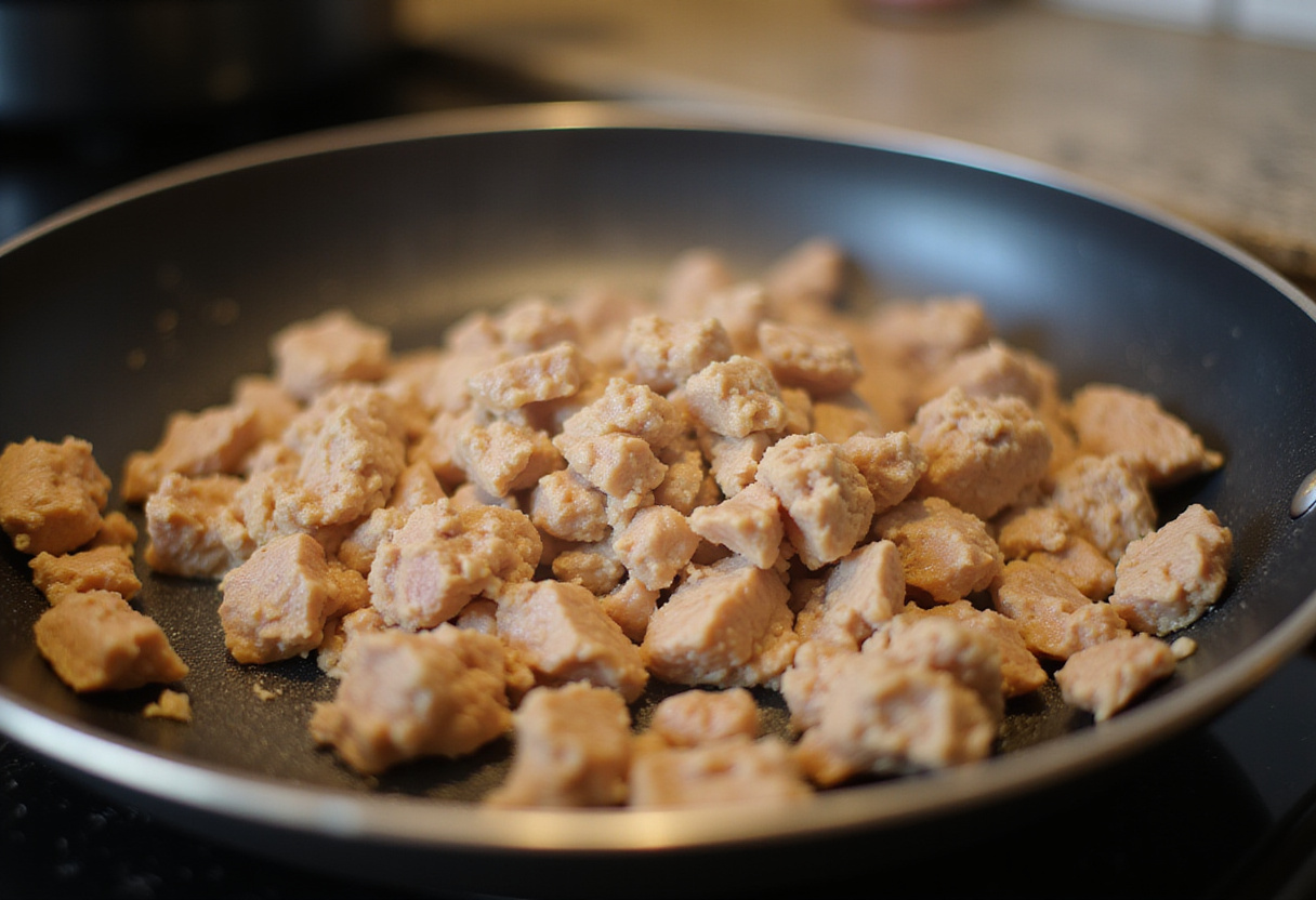 Cooking ground chicken for Honey Sriracha Ground Chicken and Broccoli, a healthy and flavorful stir-fry dish.