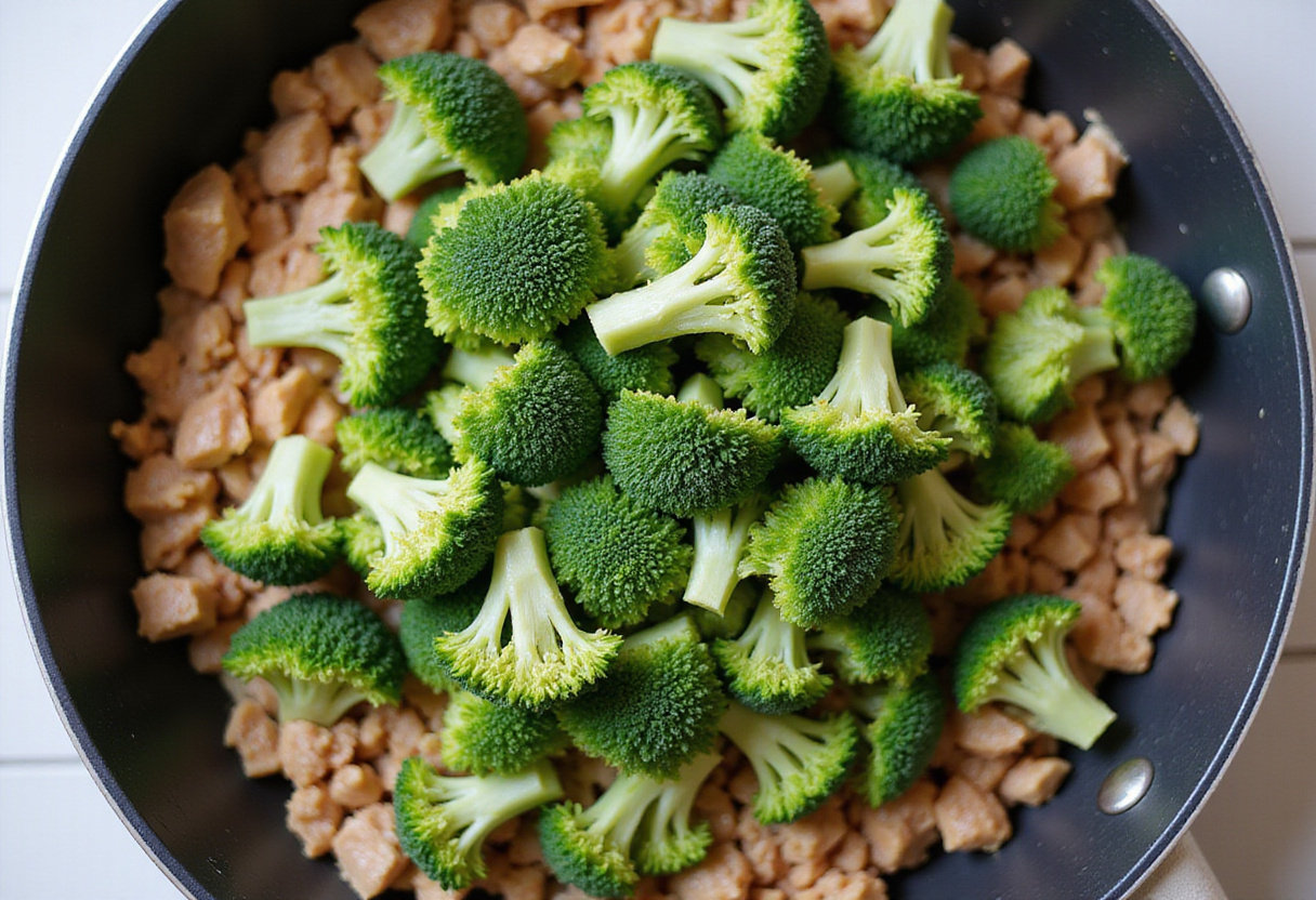 Adding fresh broccoli to honey sriracha ground chicken, enhancing flavors and nutrition in this delightful meal.