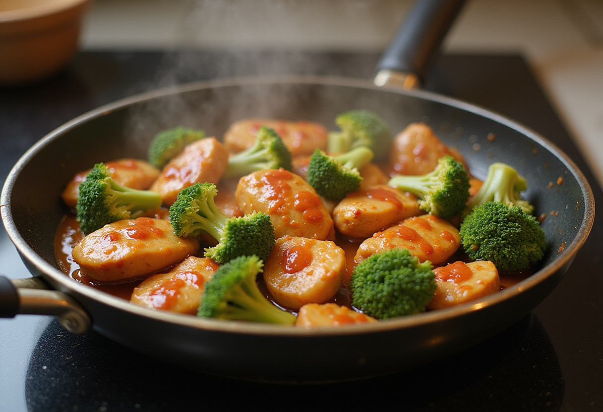 Combining honey sriracha sauce with ground chicken and broccoli, a key step in making a savory and appealing dish.