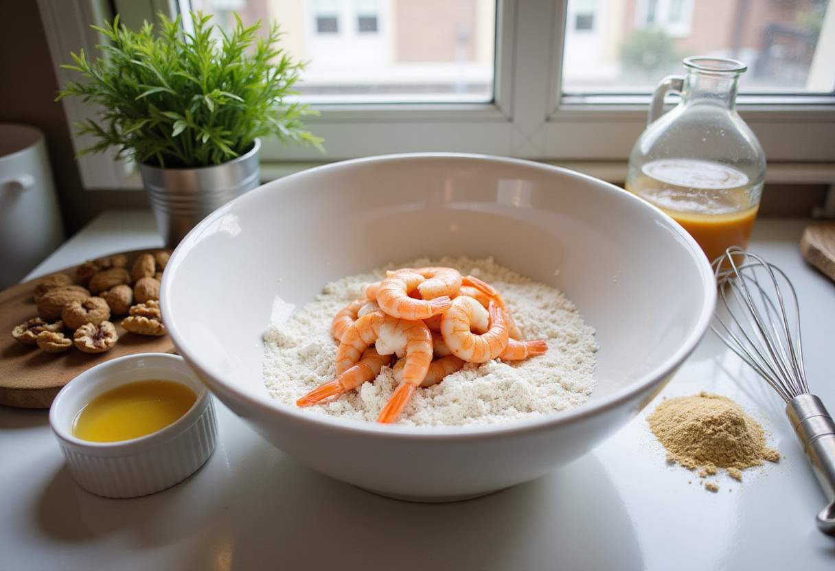 Honey Walnut Shrimp preparation with fresh shrimp coated in cornstarch, highlighting the ingredients for a delicious Chinese dish.