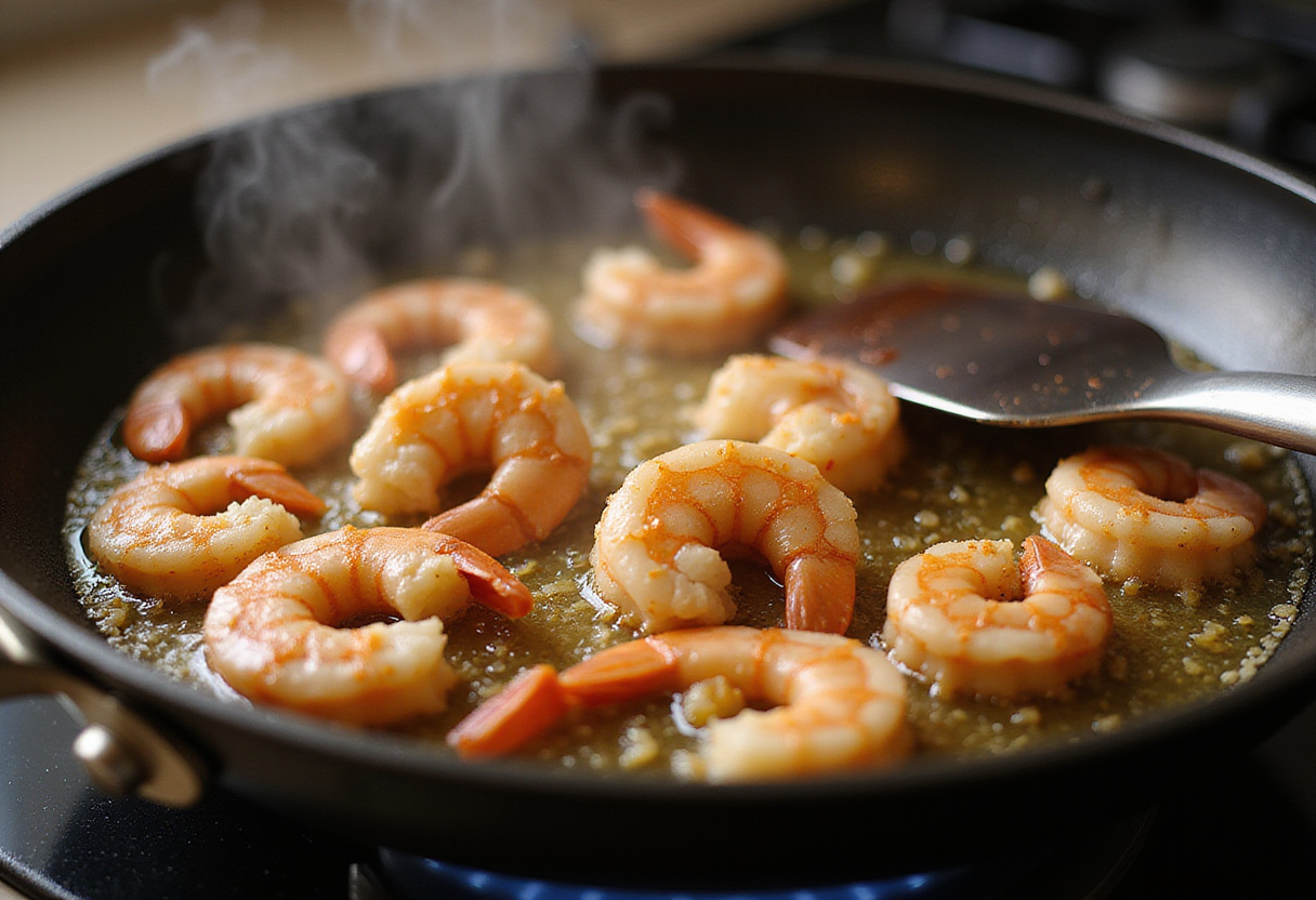 Cooking honey walnut shrimp in a skillet, showcasing the vibrant color of the shrimp as they sizzle and develop a crispy texture.