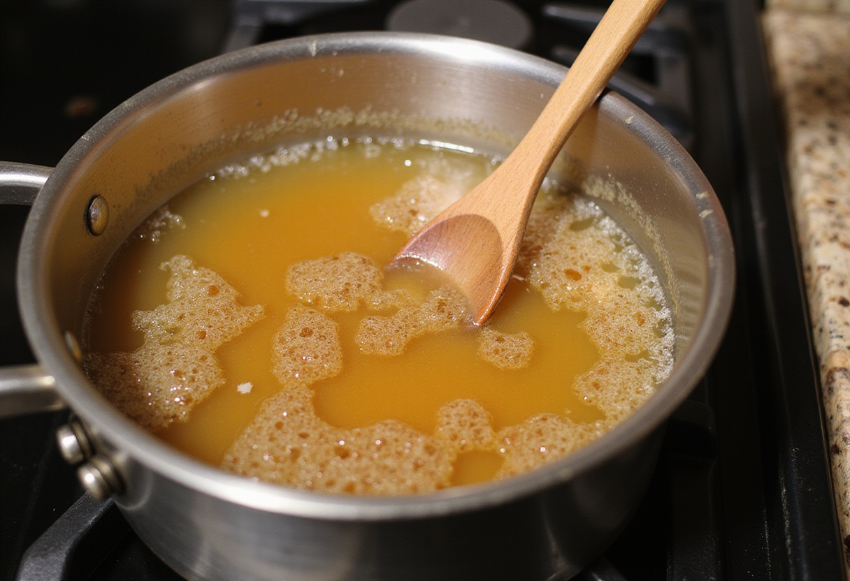 Making a sweet syrup for honey walnut shrimp, capturing the bubbling honey sauce in a pot on the stovetop, essential for this savory and sweet dish.