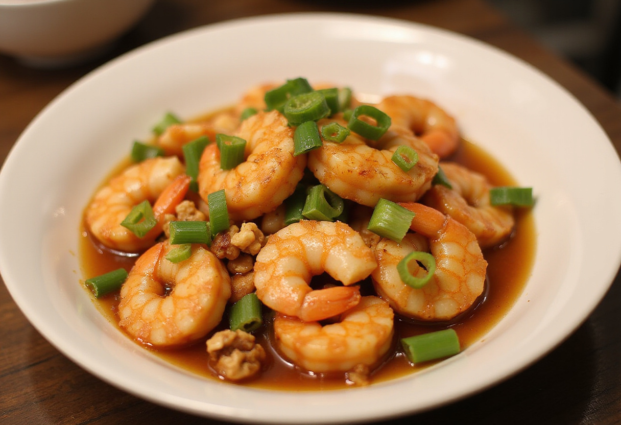 Finished honey walnut shrimp in a bowl, showcasing the dishโs shiny glaze and crunchy walnuts, perfect for serving at a dinner table.