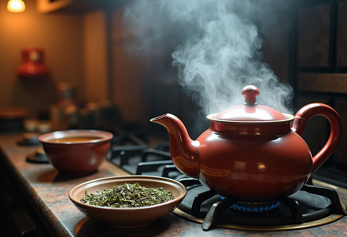 Kashmiri Pink Chai preparation, boiling kettle with tea leaves showcasing vibrant colors and inviting atmosphere.