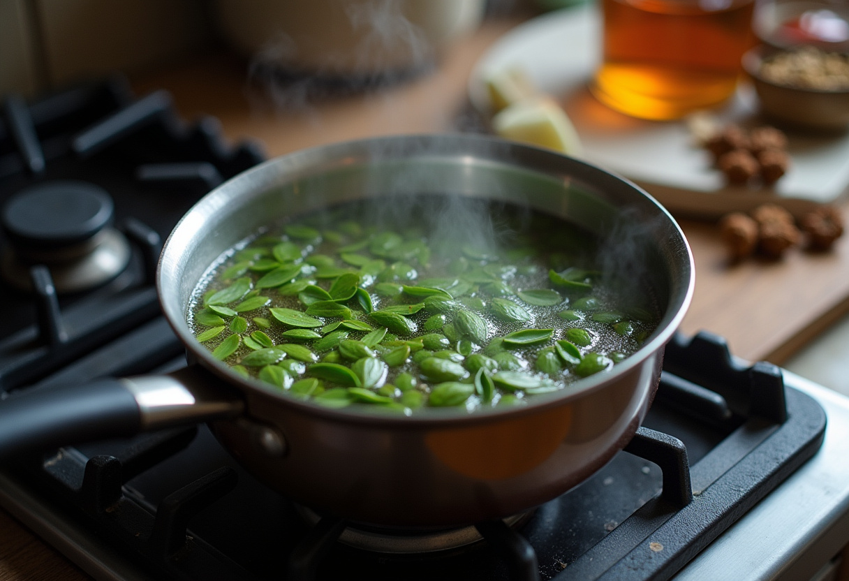 Making Kashmiri Pink Chai with spices like cardamom and cloves in a simmering saucepan, creating aromatic flavors.