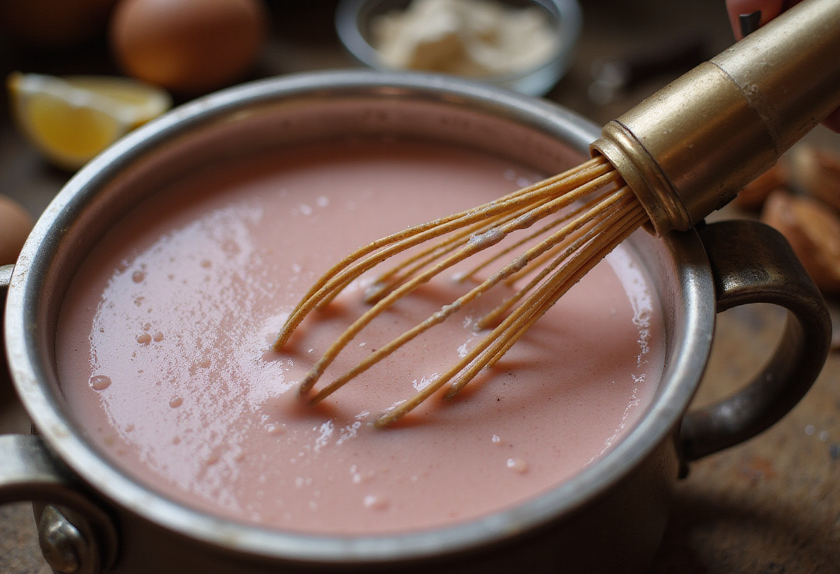Frothing Kashmiri Pink Chai with a traditional whisk for a creamy and vibrant pink texture, highlighting the authentic experience.
