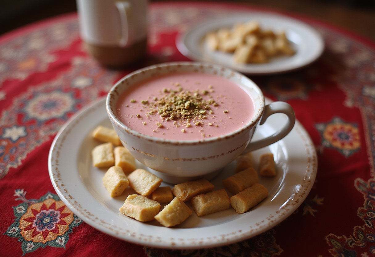 Serving Kashmiri Pink Chai with traditional snacks, showcasing vibrant colors and garnished with crushed pistachios for an enticing visual.