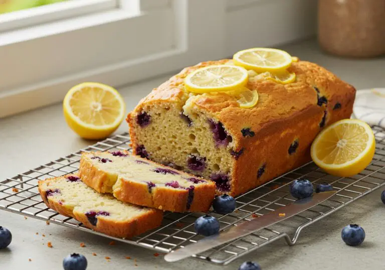 Delicious Lemon Blueberry Yogurt Loaf presented on a cutting board, highlighting its texture and freshness, perfect for enjoying any time of day.