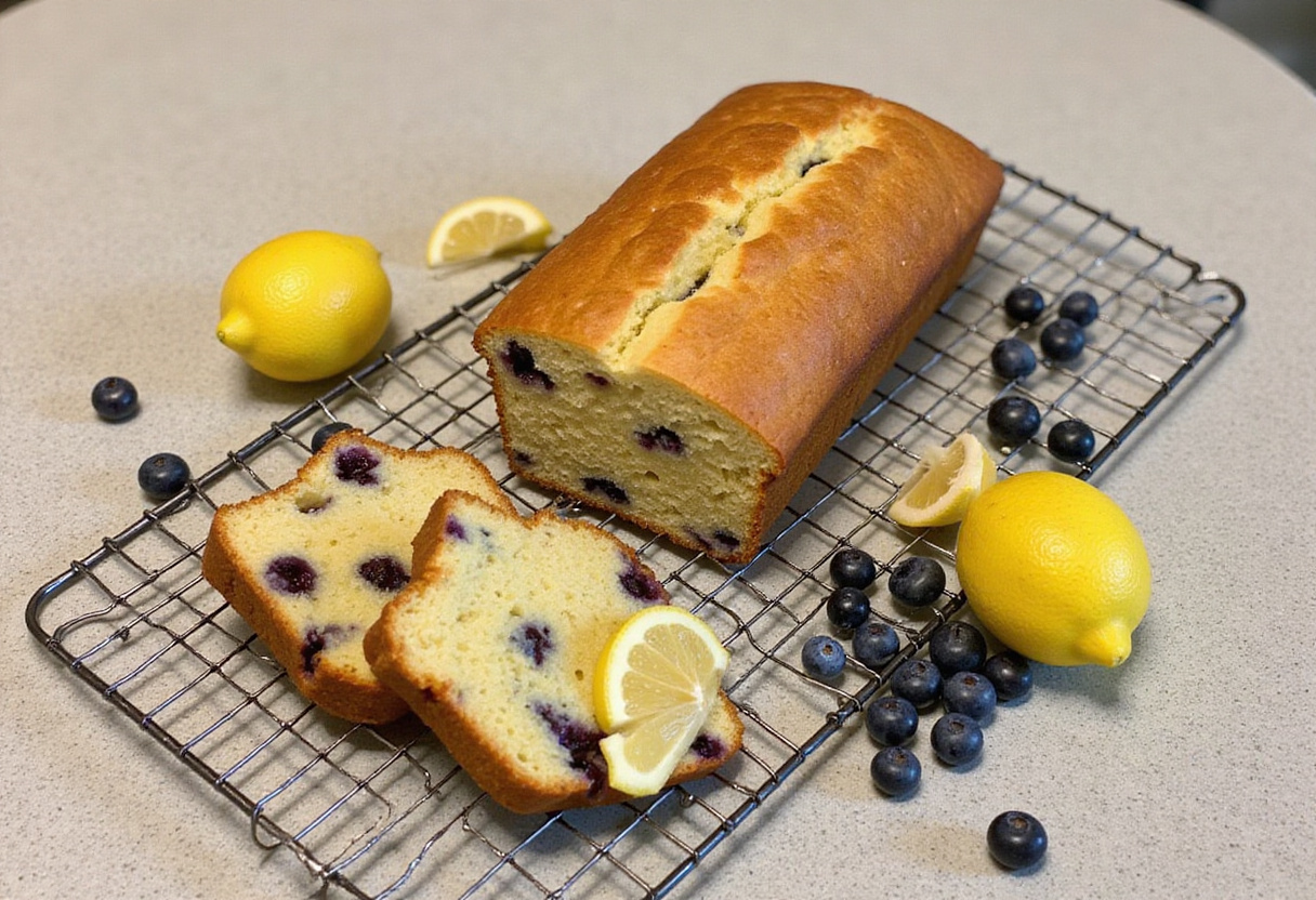 Delicious Lemon Blueberry Yogurt Loaf presented on a cutting board, highlighting its texture and freshness, perfect for enjoying any time of day.