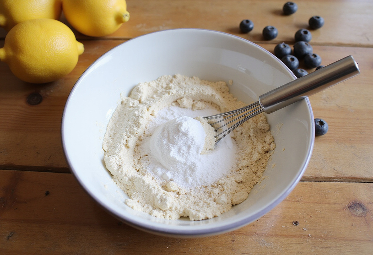 Ingredients for Lemon Blueberry Yogurt Loaf including flour, sugar, blueberries, and lemon zest for a delicious baked treat.