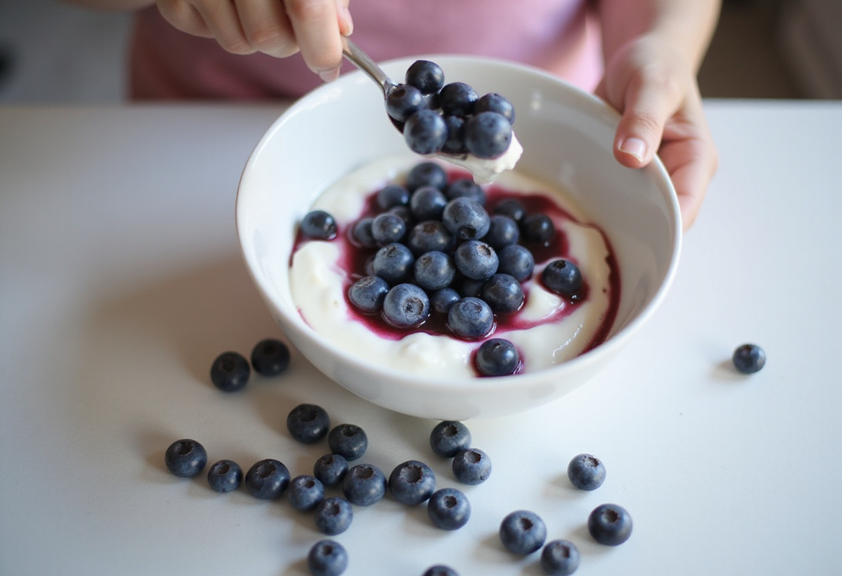 Pouring lemon blueberry batter into a prepared loaf pan, ready for baking to create a moist and fruity loaf.