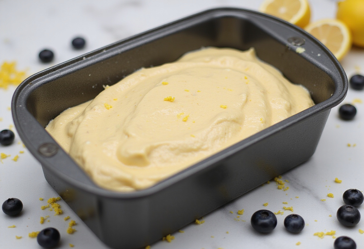Baking the Lemon Blueberry Yogurt Loaf in the oven until golden brown, illustrating the baking stage of preparation.