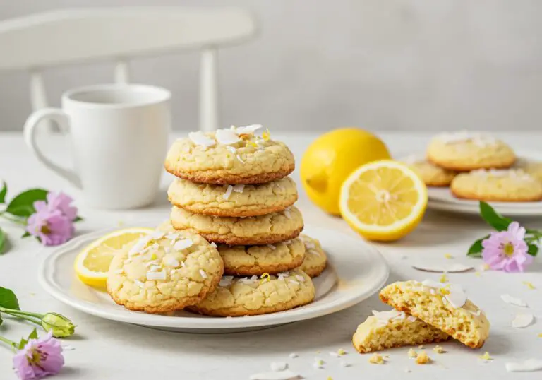 Elegant presentation of Lemon Coconut Cheesecake Cookies on a plate, featuring powdered sugar, coconut flakes, and lemon garnish, perfect for a casual tea time.