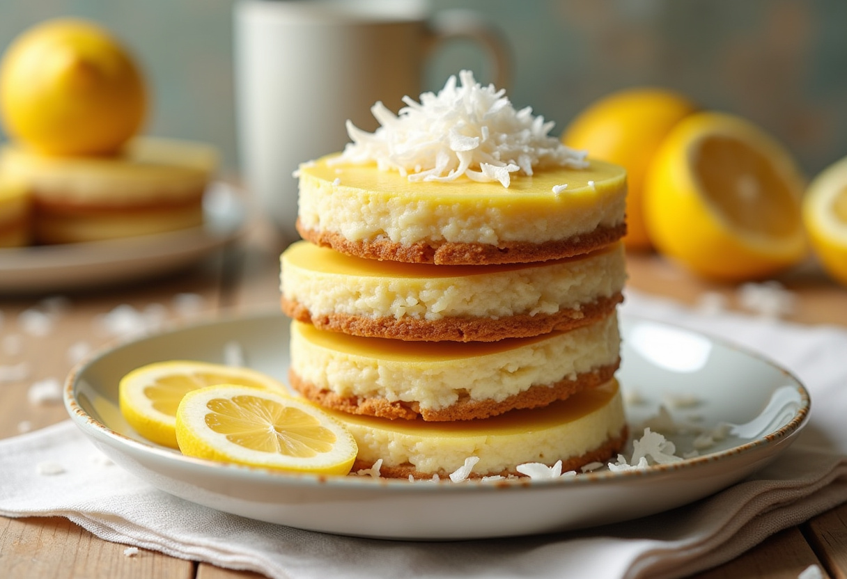 Elegant presentation of Lemon Coconut Cheesecake Cookies on a plate, featuring powdered sugar, coconut flakes, and lemon garnish, perfect for a casual tea time.