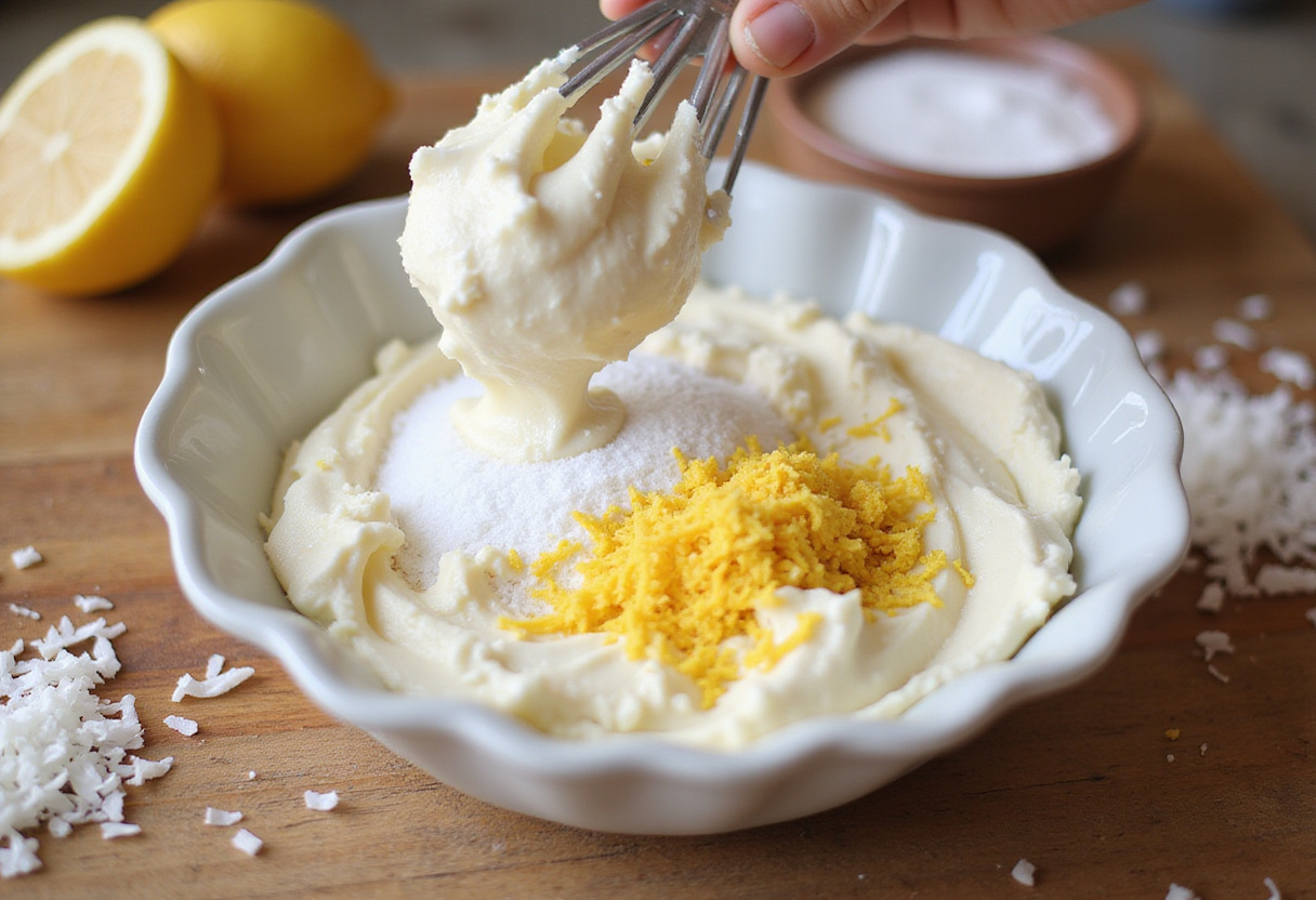 Cream cheese and sugar mixture for Lemon Coconut Cheesecake Cookies preparation, showcasing fresh lemon zest and kitchen utensils.