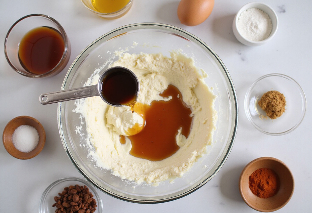 Blending flour and shredded coconut for Lemon Coconut Cheesecake Cookies, featuring utensils and ingredients in a home kitchen setting.
