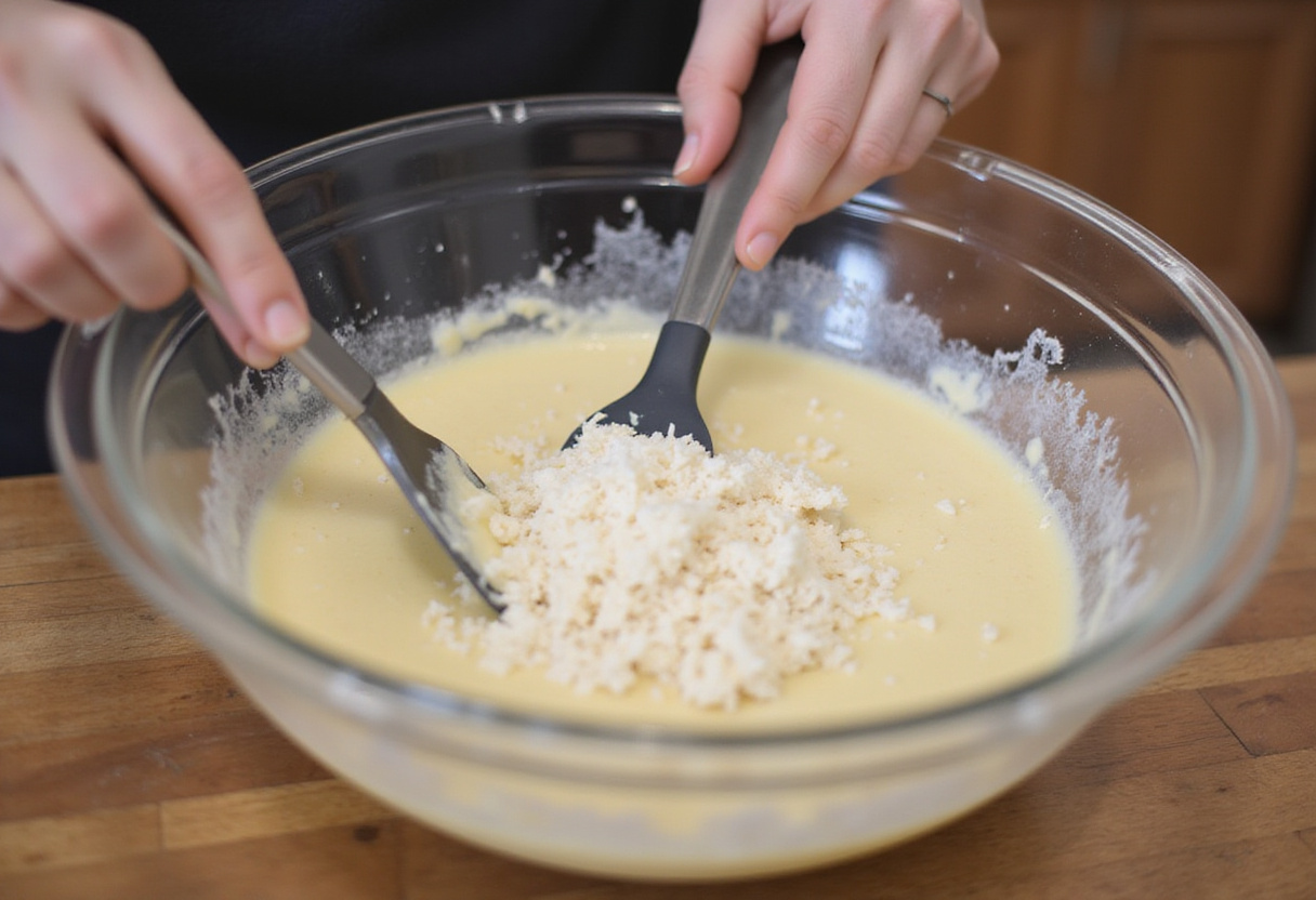 Spoonfuls of Lemon Coconut Cheesecake Cookies dough being placed onto a baking sheet, highlighting the baking process and kitchen environment.