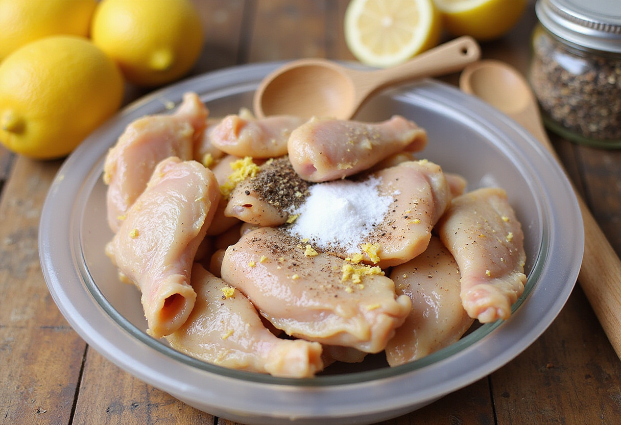 Seasoning raw chicken wings with lemon zest and black pepper for Lemon Pepper Wings with Honey recipe.
