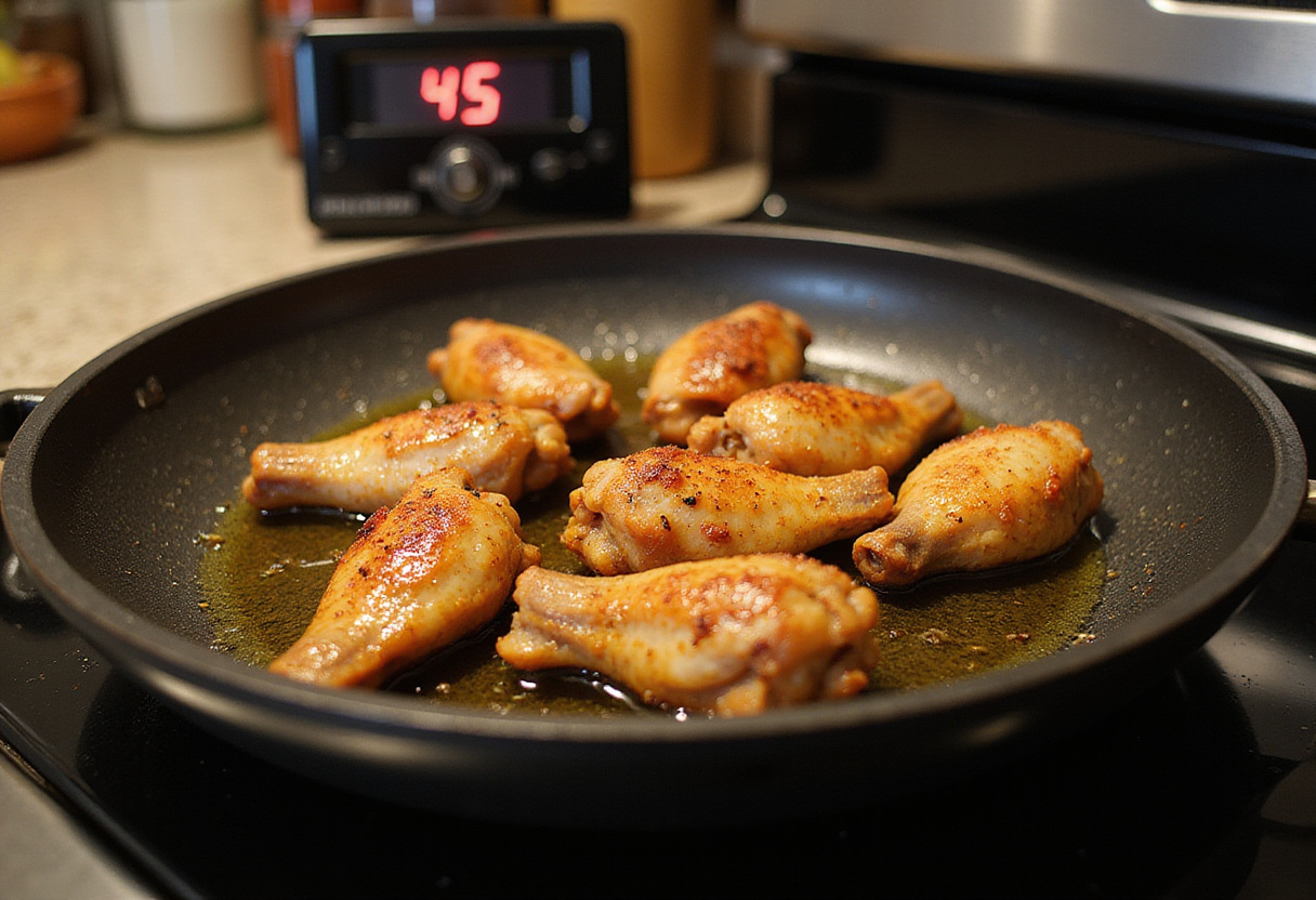 Cooking chicken wings in olive oil for perfectly crispy Lemon Pepper Wings with Honey.
