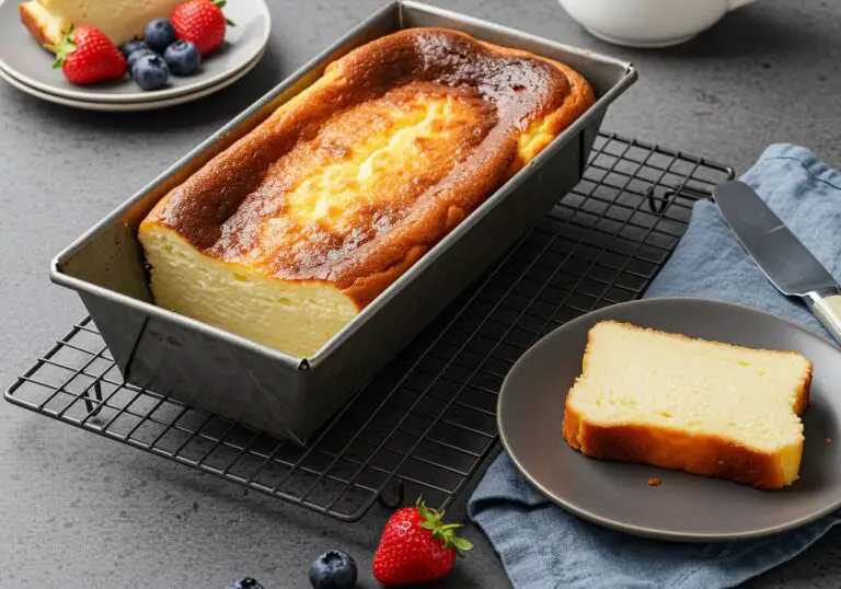 Serving a perfectly baked Loaf Pan Basque Cheesecake on a marble countertop, ready to enjoy.