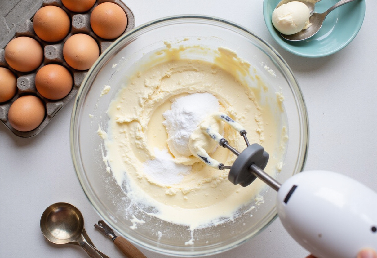 Adding eggs and vanilla extract to the cheesecake batter for loaf pan Basque cheesecake.
