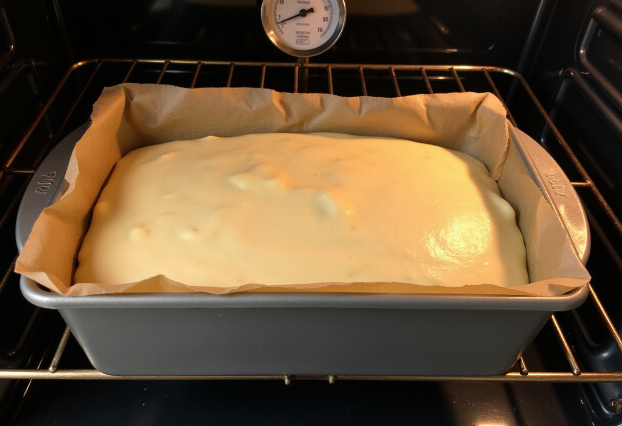 Placing the loaf pan into the oven for baking the Basque cheesecake, a crucial step in achieving the perfect texture.