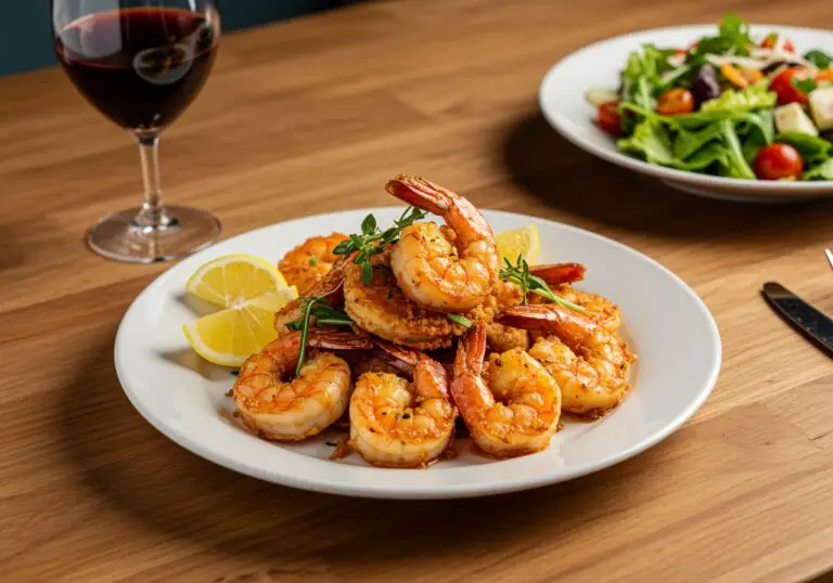 Deliciously plated magic crispy baked shrimp garnished with herbs and lemon for an appealing seafood dish.