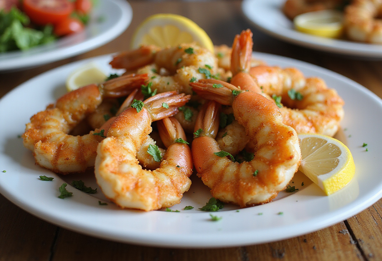 Deliciously plated magic crispy baked shrimp garnished with herbs and lemon for an appealing seafood dish.