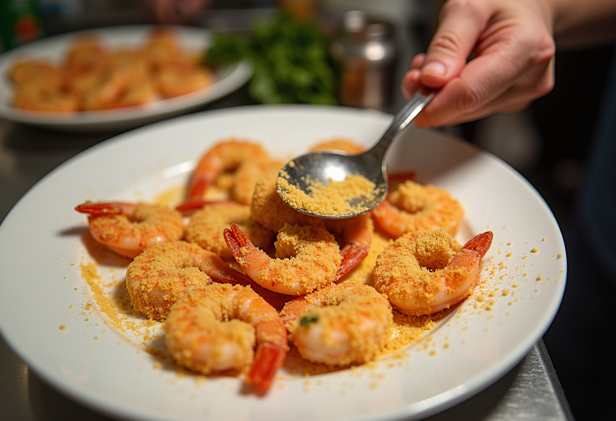Coating shrimp in seasoned breadcrumbs to create magic crispy baked shrimp for an irresistible dish.
