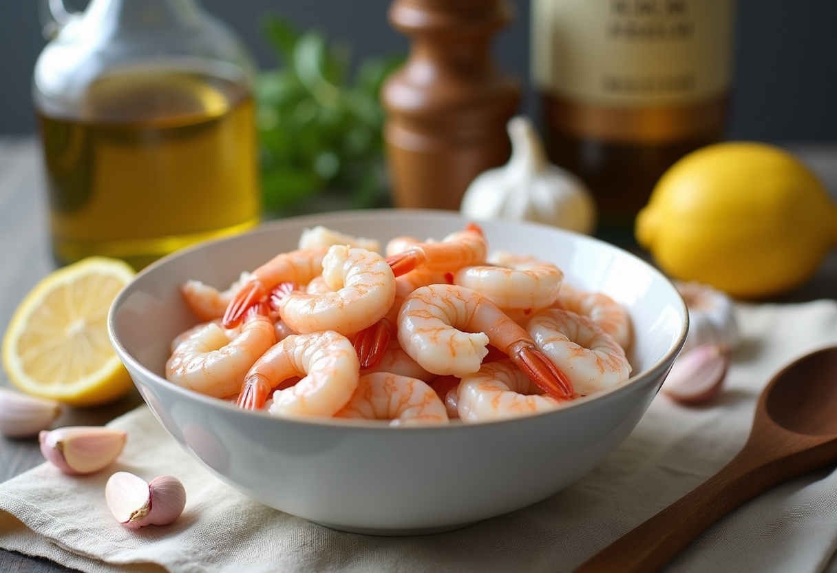 Uncooked shrimp thawing with garlic and lemon, preparing for Marry Me Shrimp Pasta recipe.