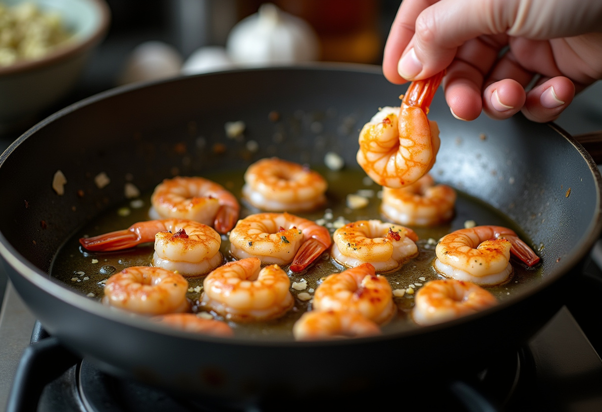Sizzling garlic and shrimp in a skillet, essential steps in making Marry Me Shrimp Pasta.