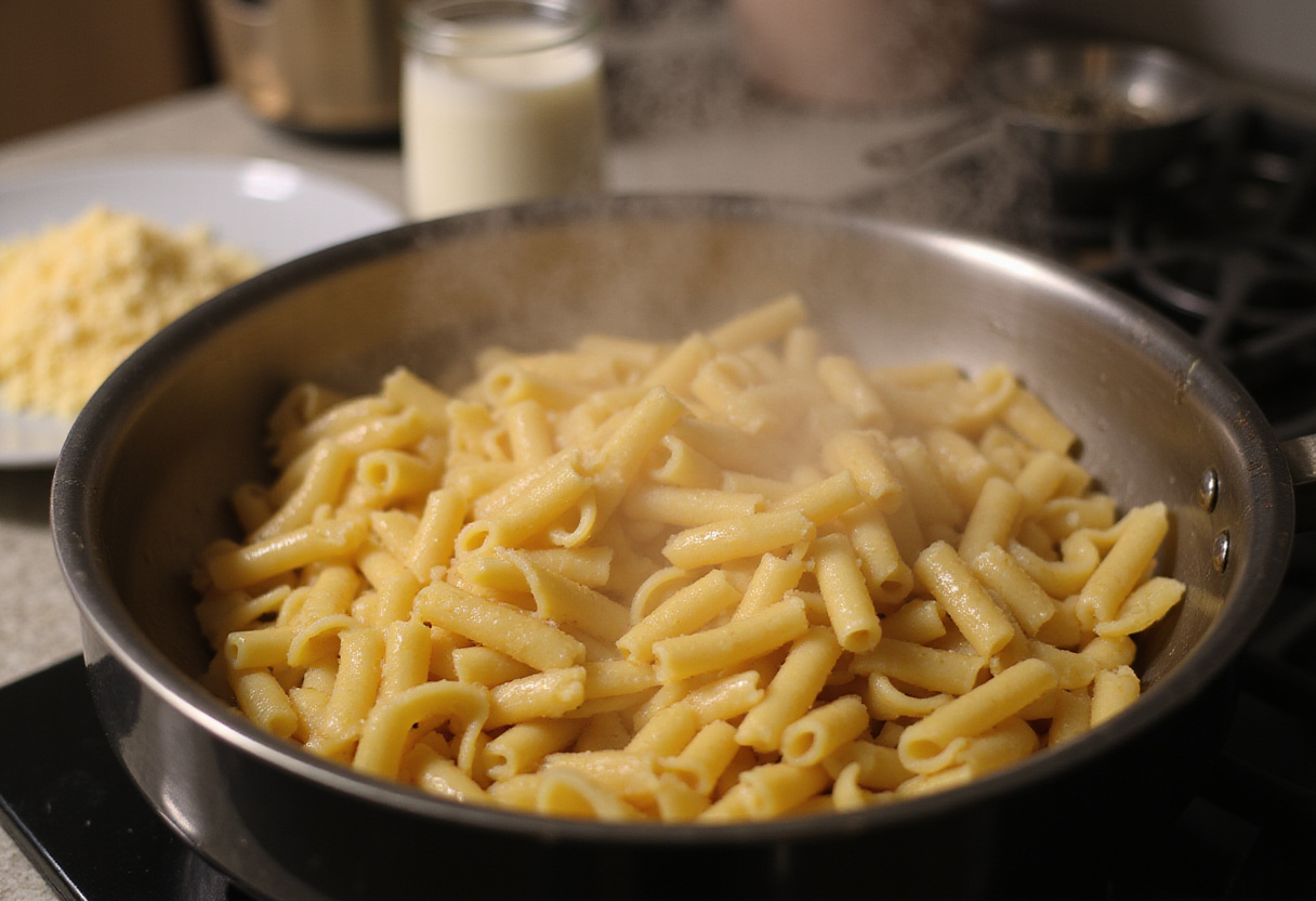Boiling pasta ready to be mixed with shrimp and creamy sauce for Marry Me Shrimp Pasta.