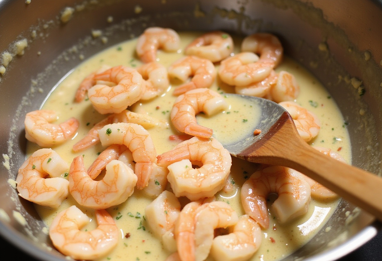 Creamy shrimp mixture being prepared for Marry Me Shrimp Pasta, showcasing flavors and texture.
