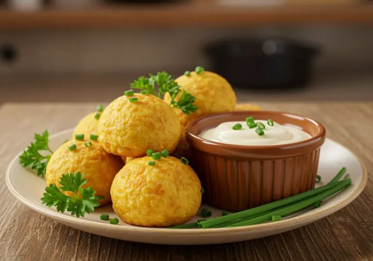 Deliciously crispy and cheesy mashed potato cheese puffs served on a plate - the ultimate irresistible snack for cheese lovers.