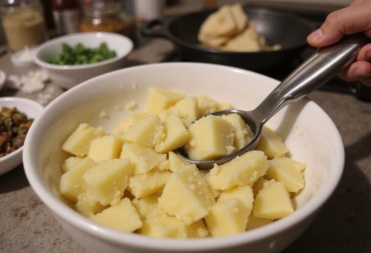 Preparing potatoes for mashed potato cheese puffs - boiling, peeling, and cutting potatoes for the ultimate cheesy snack.