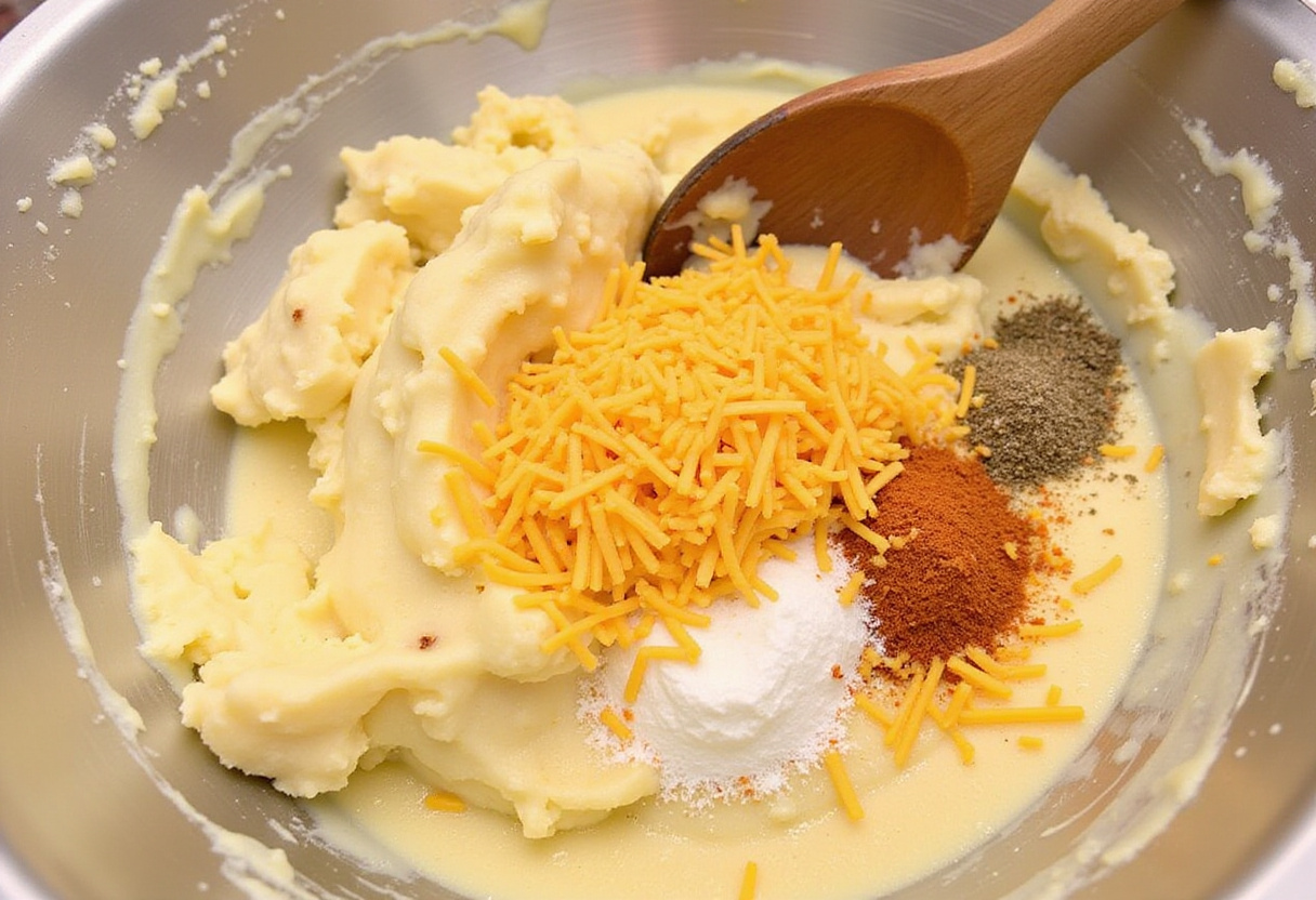 Mixing creamy mashed potatoes with cheese and spices for irresistible mashed potato cheese puffs - perfect for any occasion.