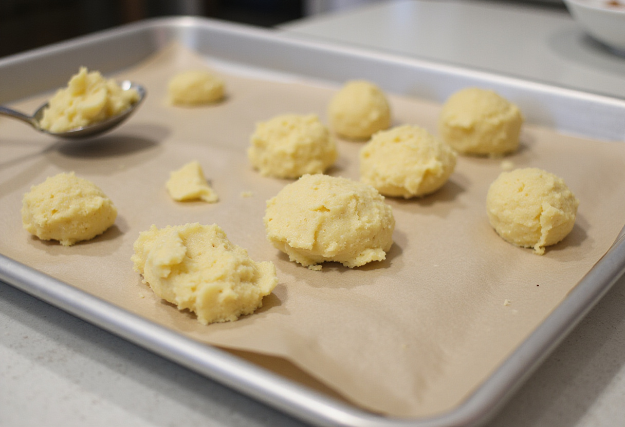 Shaping mashed potato cheese puffs on a baking tray - the perfect preparation for a crispy and cheesy snack.