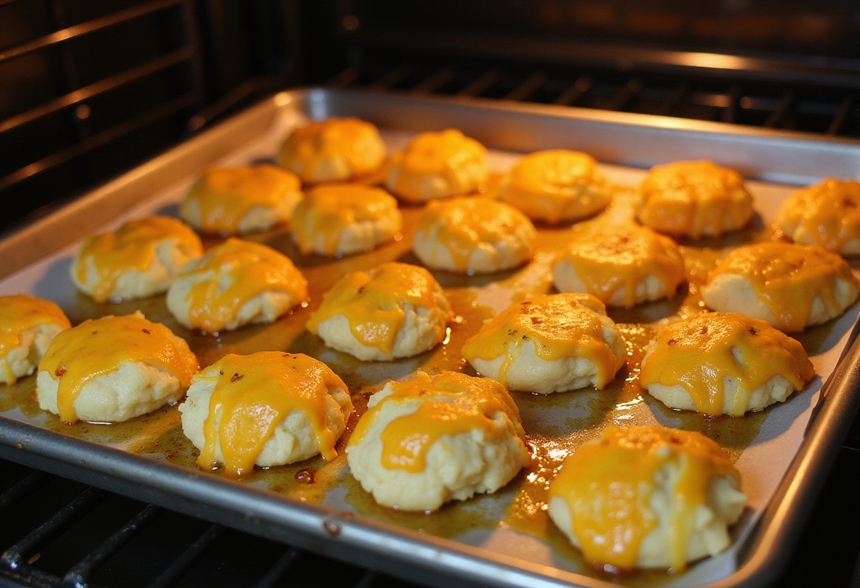 Baking mashed potato cheese puffs in a preheated oven - waiting for golden, crispy perfection in a cozy kitchen setting.