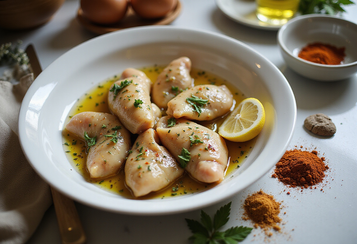 Mediterranean Chicken Gyros marinating with fresh herbs and spices in the kitchen for flavorful seasoning.