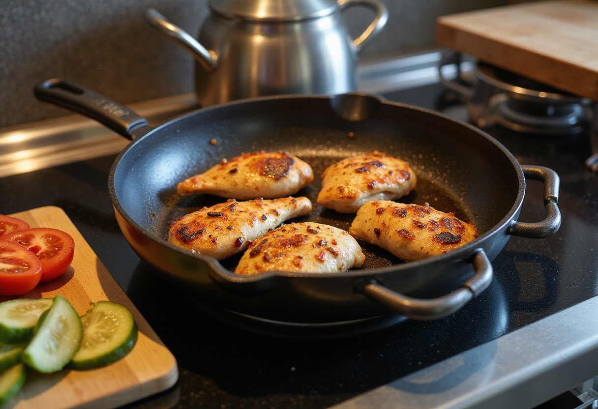Grilled Mediterranean Chicken Gyros cooking to perfection on a stovetop, ready to be served with fresh vegetables.
