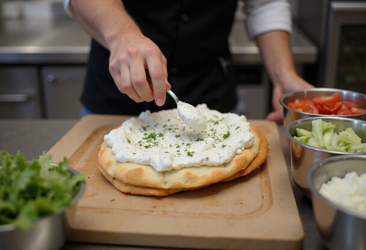Preparing Mediterranean Chicken Gyros with creamy feta tzatziki sauce and fresh ingredients on a warm pita for a delicious wrap.