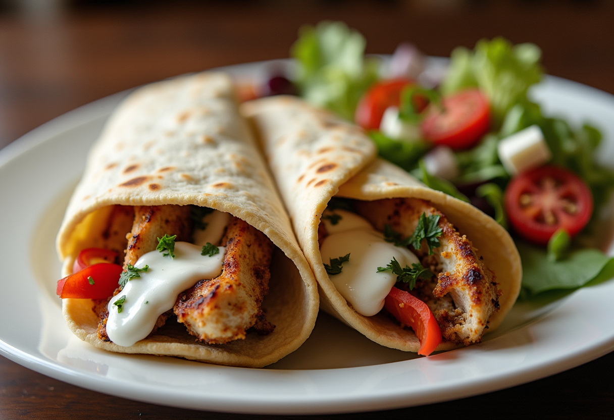 Delicious Mediterranean Chicken Gyros served with creamy feta tzatziki and fresh Greek salad for a wholesome meal.