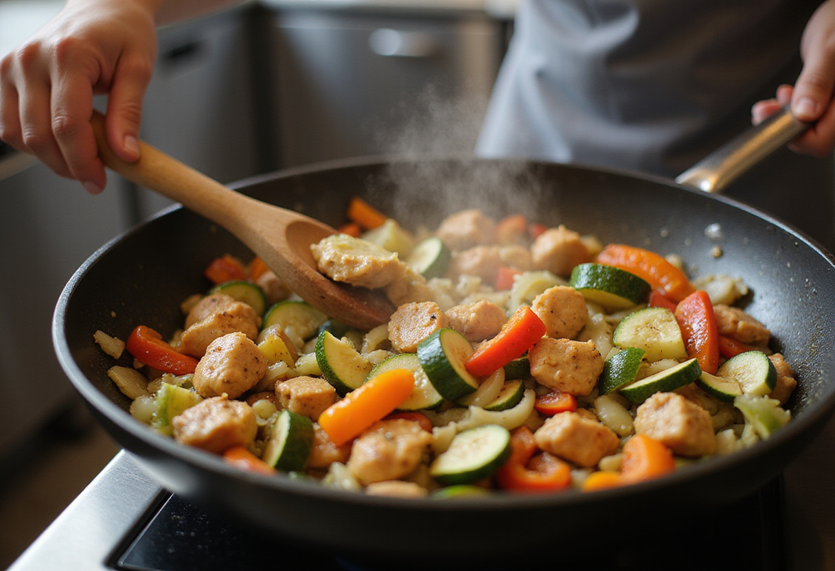 Adding bell peppers, onions, and zucchini to Mediterranean Chicken Skillet for a vibrant mix of vegetables.