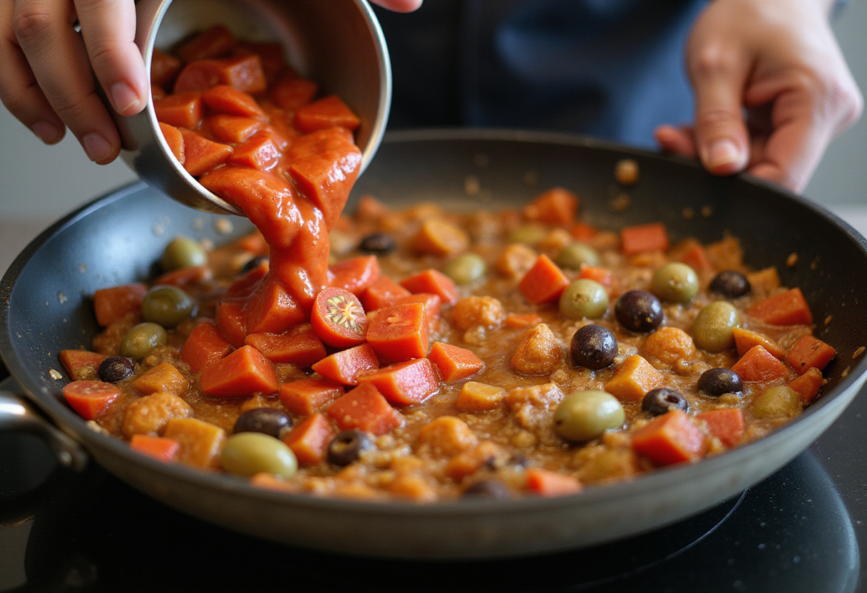 Incorporating diced tomatoes and olives into Mediterranean Chicken Skillet for a rich and savory flavor.