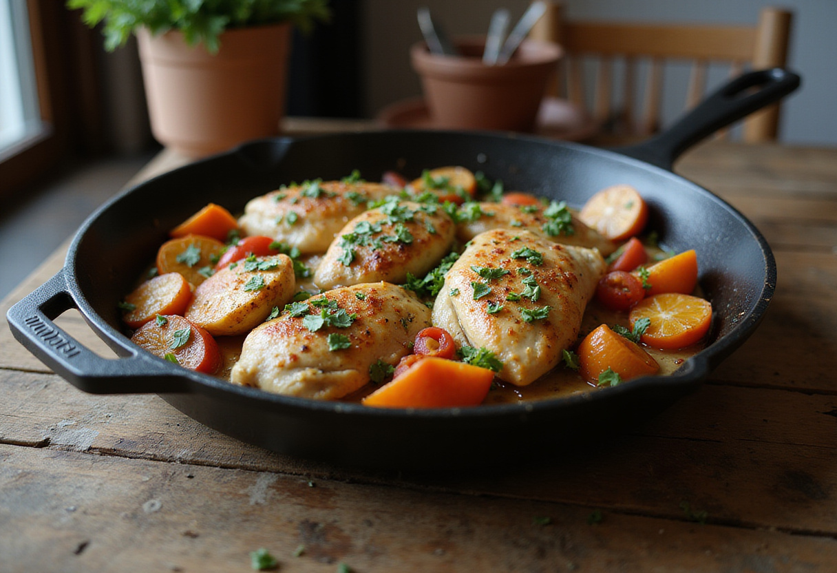 Finished Mediterranean Chicken Skillet garnished with fresh herbs, ready to serve in a cozy kitchen.